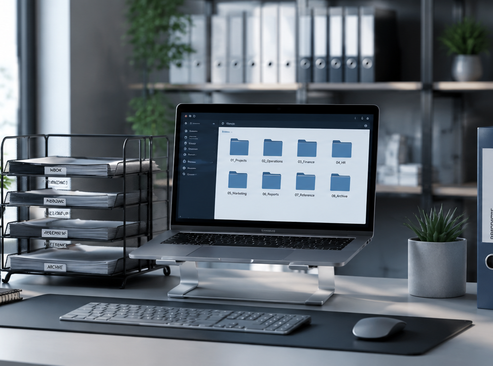 Organized office workspace with labeled file folders, digital file management on a computer, and document organization system