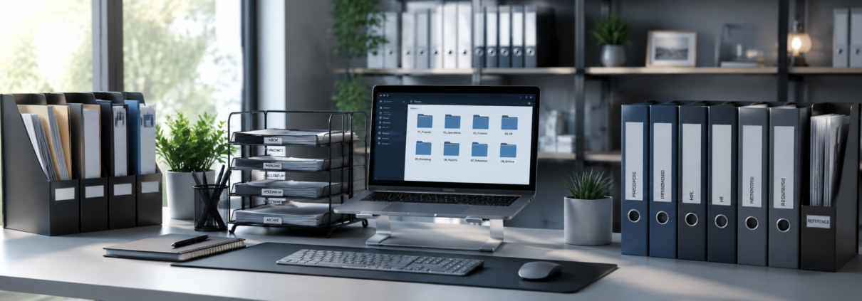 Organized office workspace with labeled file folders, digital file management on a computer, and document organization system
